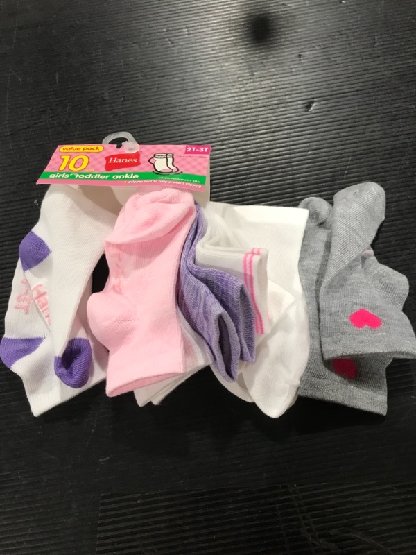 Photo 1 of Hanes Toddler Girls' Ankle Socks 10-Pack Grey/White/Pink/Purple Assorted 2T
