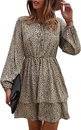 Photo 1 of Amkoyam Women Spring Summer Long Sleeve Tie Neck Leopard Print Dress Casual Button Down High Waist Layered Ruffle Mini Dress XL
