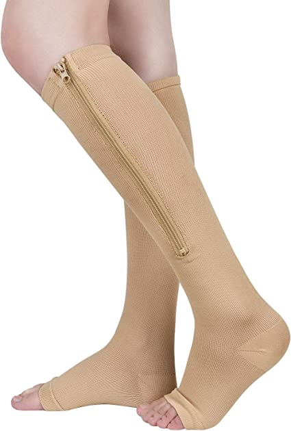 Photo 1 of 2 Pairs Zipper Compression Socks 15-20 mmHg for Men Women, Open Toe(Beige, Large)
