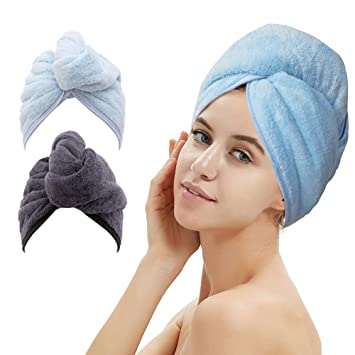 Photo 1 of 2 Pack Hair Drying Towels, Hair Towel Wrap, Super Absorbent Microfiber Hair Towel Turban with Button Design to Dry Hair More Quicker(Dark Gray& Blue)