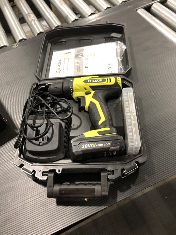 Photo 1 of CACOOP 20V Cordless Drill Driver Kit, Power Drill, w/ 2000mAh Battery, 310 in-lbs Torque, 25+1 Positions, Fast Charger, Built-in LED, 2 Variable Speed, Drills Bits Set for Drilling Wall Floor Metal
