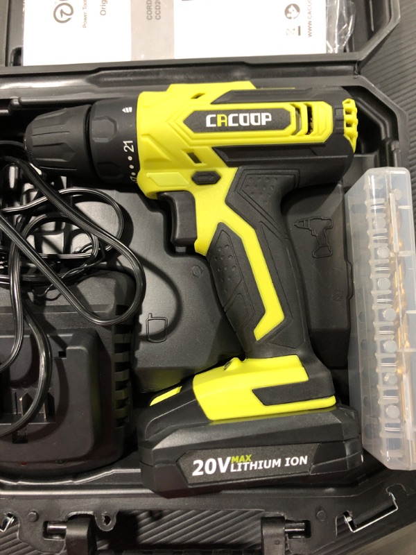 Photo 1 of CACOOP 20V Cordless Drill Driver Kit, Power Drill, w/ 2000mAh Battery, 310 in-lbs Torque, 25+1 Positions, Fast Charger, Built-in LED, 2 Variable Speed, Drills Bits Set for Drilling Wall Floor Metal
