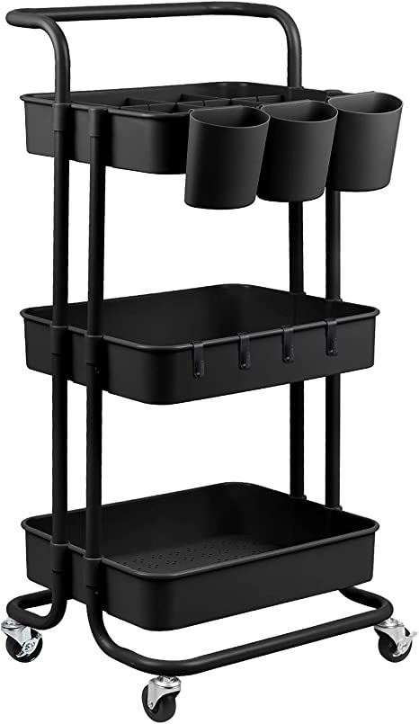 Photo 1 of 3-Tier Rolling Utility Cart Storage Shelves Multifunction Storage Trolley Service Cart with Mesh Basket Handles and Wheels Easy Assembly for Bathroom, Kitchen, Office (Black)
