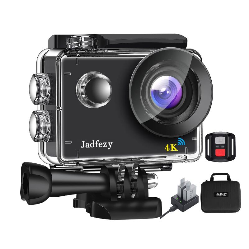 Photo 1 of Jadfezy Action Camera 4K with WiFi, Remote Control, Sports Camera with 20 MP and 170° Wide Angle, 30M/98FT Underwater Waterproof Camera with 1350 mAh Batteries and Mounting Accessories (J-7000)
