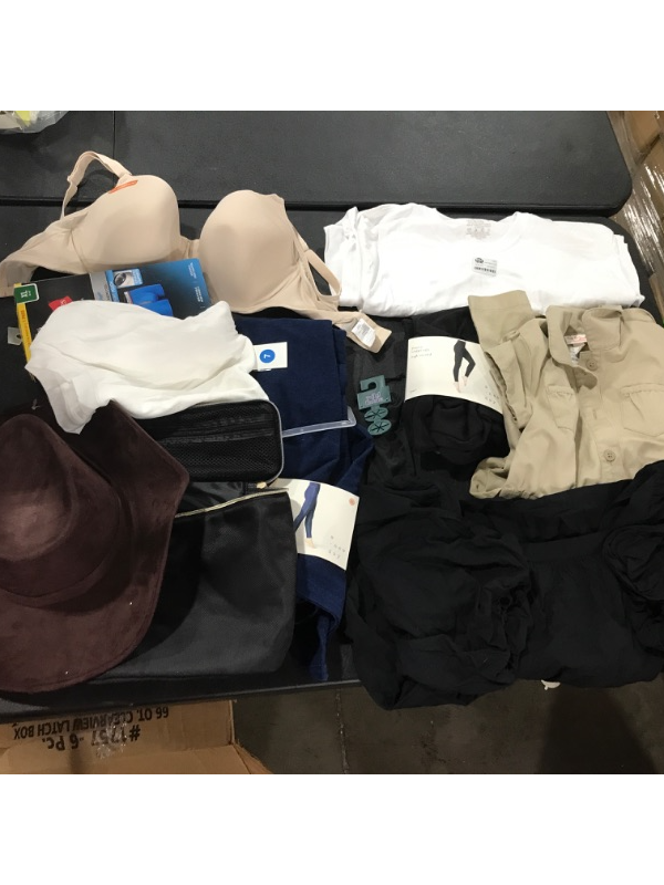 Photo 1 of A miscellanous box containing women's clothing and men's, as well AS  sun glasses and as brown hat. SIZES VARY THROUGH OU TITEMS. 