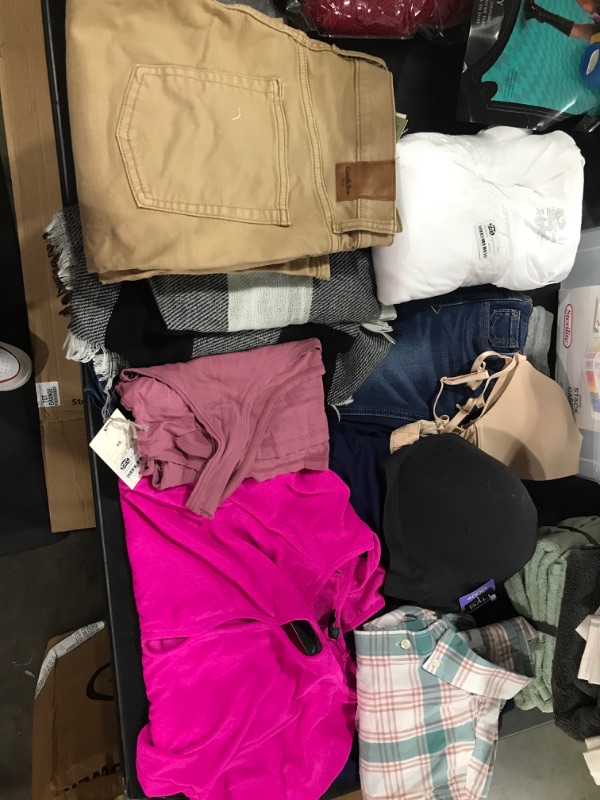 Photo 1 of A box lot of men's and women miscellanous clothing. SIZES VARY THROUGHOUT. 