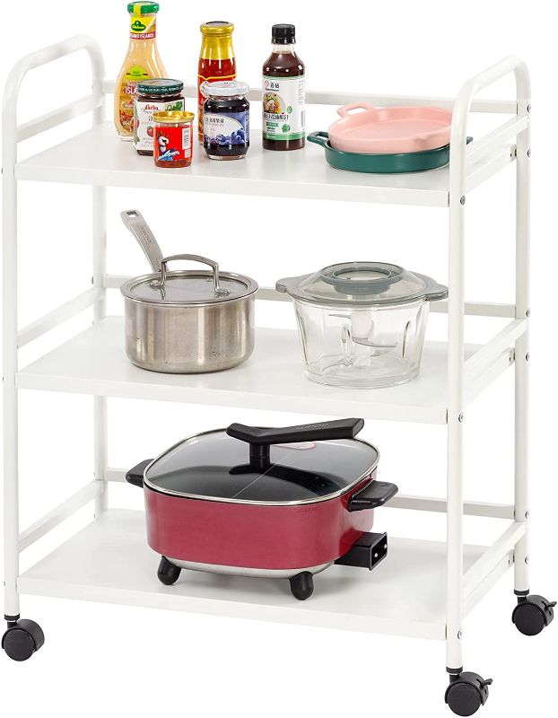 Photo 1 of 3 Tier Metal Multi-Purpose Rolling Cart, Heavy Duty Large Capacity Lockable Caster Cart with 2 Lockable Casters for Home, Office, Kitchen, Bathroom, Bedroom (White)
