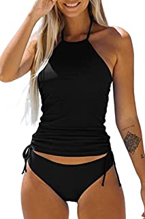 Photo 1 of Beachsissi Women's Bathing Suit Solid Color Drawstring Side Halter Neck Tankini Set, Solid Black, S, Solid Black, Small 