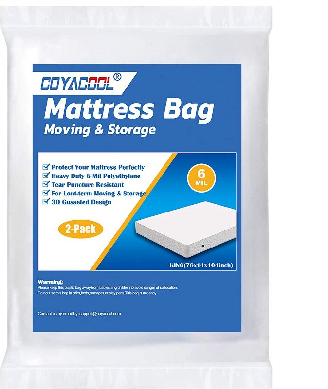 Photo 1 of [2 Pack] King Mattress Bags for Moving Storage - 6 Mil Heavy Duty -Tear and Puncture Resistant Plastic Mattress Protector Bag for Disposal - Super Thick Mattress Cover for Moving by Coyacool
