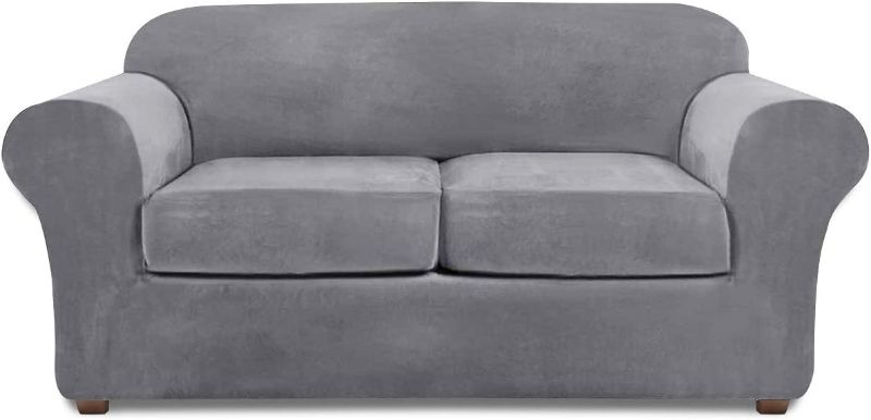 Photo 1 of 3 Piece Loveseat Slipcovers for Sofas 2 Cushions Loveseat Covers NORTHERN BROTHERS Stretch Velvet Couch Covers for 2 Cushion Couch Loveseat Sofa Covers Furniture Protector Washable (Light Gray)
