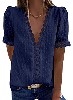 Photo 1 of Astylish Womens Chiffon Blouse Swiss Dot Casual Short Sleeve V Neck Pom Pom Shirts Tops Blue Medium