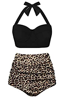 Photo 1 of Angerella Women Vintage Polka Dot High Waisted Bathing Suits Bikini Set, A-leopard, Large