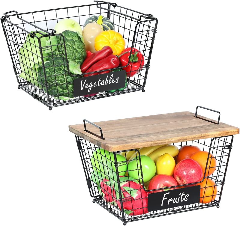 Photo 1 of 2 Pack Stackable Wire Storage Baskets with Wood Lid- Kitchen Countertop Organizer for Fruit Vegetable (Onion, Potato) Produce Food -Large Metal Bin for Cabinet Pantry Organization and Storage
