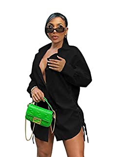 Photo 1 of GEMEIQ Button Down Shirt Dress for Women Sexy V Neck Long Sleeve Night Out Club Blouse Dress with Drawstring, Black, Large