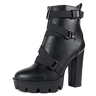 Photo 1 of Ankle Boots for Women High Heel Boots Chunky Heeled Combat Boots Buckle Belt Lug Sole Booties Round Toe Platform Boots, Black Pu, 7