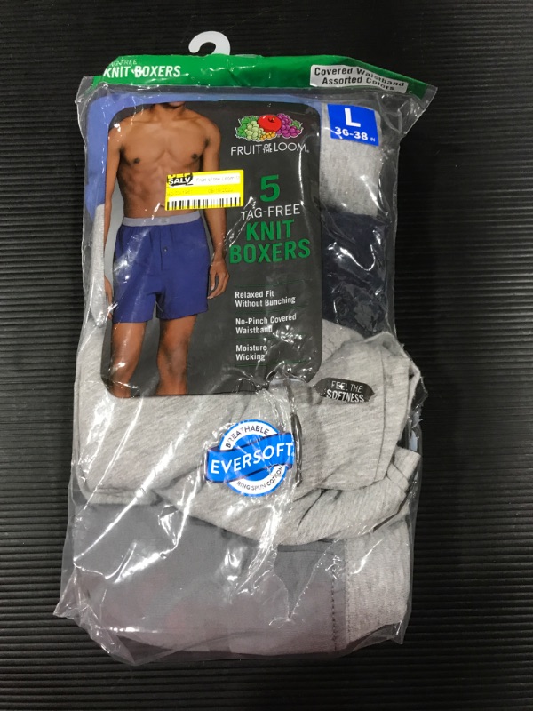 Photo 2 of [5 Pack] Fruit Of The Loom Mens Knit Boxers 5 Pack, L, Assorted