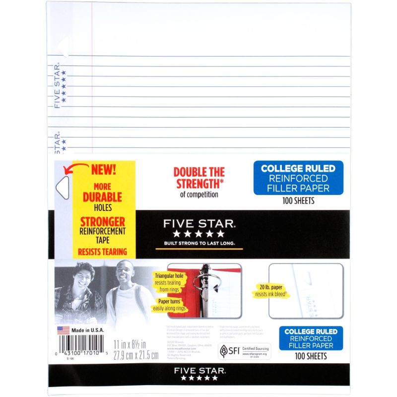 Photo 1 of [12 Ct.] Five Star Reinforced Filler Paper, 20Lb, College Rule, 11 X 8 1/2, White, 100 Sheets