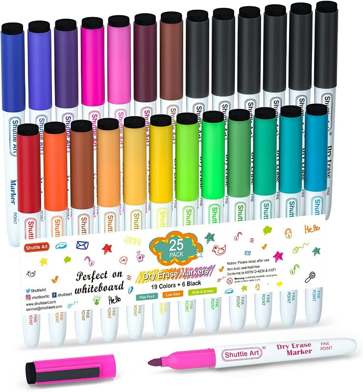 Photo 1 of Shuttle Art Dry Erase Markers, 25 Pack 20 Colors Whiteboard Markers,Bundled with 5 Extra Black,Fine Tip Dry Erase Markers for Kids,Perfect for Writing on Dry-Erase Surfaces,School Office Supplies