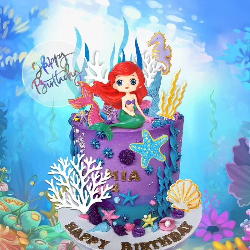 Photo 3 of 12 PCS Mermaid Cake Topper, Cute Big Eyes Mermaid Doll Cake Topper, Resin 2D Starfish Seaweed Seahorse Shell Felt Seaweed Acrylic Coral for Birthday Party, Baby Shower, Wedding, Mermaid Cake Supplies