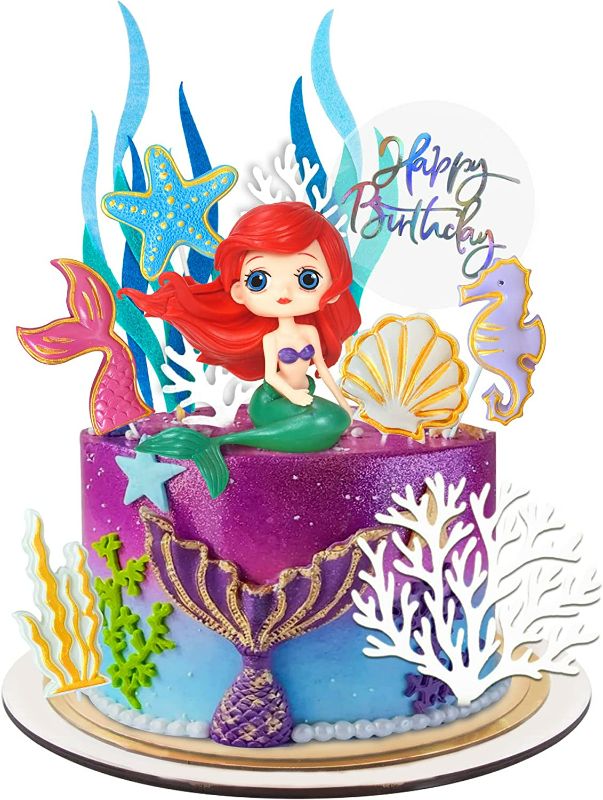 Photo 1 of 12 PCS Mermaid Cake Topper, Cute Big Eyes Mermaid Doll Cake Topper, Resin 2D Starfish Seaweed Seahorse Shell Felt Seaweed Acrylic Coral for Birthday Party, Baby Shower, Wedding, Mermaid Cake Supplies