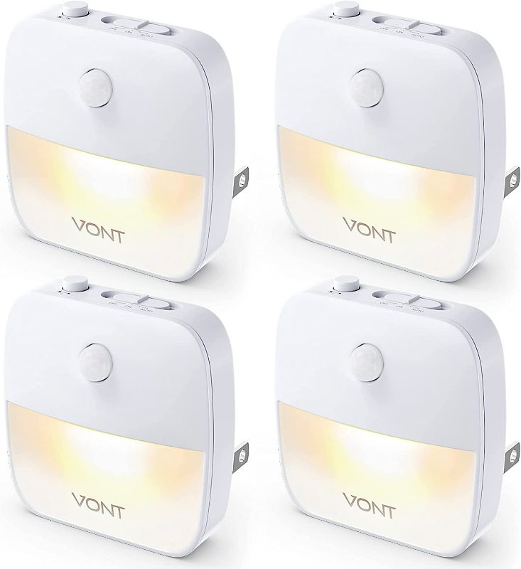 Photo 1 of Vont Motion Sensor Night Light, [4 Pack] Plug in Dusk Till Dawn Motion Sensor Lights, LED Nightlight with High & Low Modes, Compact, Customizable for Bedroom, Bathroom, Kitchen, Hallway, Stairs