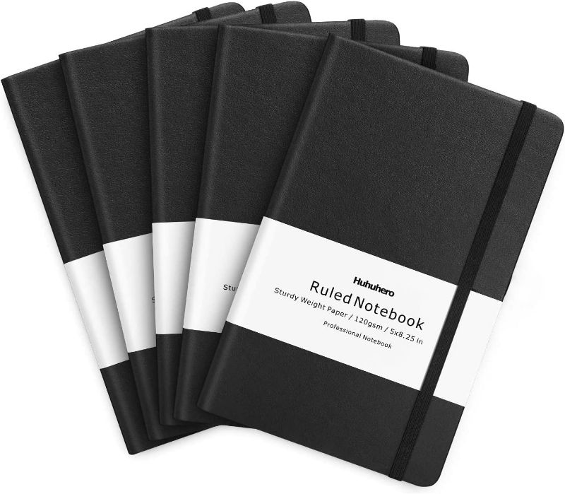 Photo 1 of Huhuhero 5 Pack Notebooks Journal, Ruled Notebook, Premium Thick Paper Lined Journal, Black Hardcover Notebook for Office Home School Business Writing Note Taking Journaling, 5"×8.25"