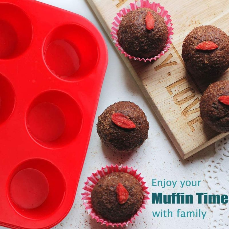 Photo 3 of Silicone Muffin Pan, European LFGB Silicone Cupcake Baking Pan, 6 Cup Muffin, Non-Stick Muffin Tray, Egg Muffin Pan, Food Grade Muffin Molds, BPA Free Muffin Tins Red