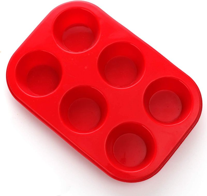 Photo 2 of Silicone Muffin Pan, European LFGB Silicone Cupcake Baking Pan, 6 Cup Muffin, Non-Stick Muffin Tray, Egg Muffin Pan, Food Grade Muffin Molds, BPA Free Muffin Tins Red