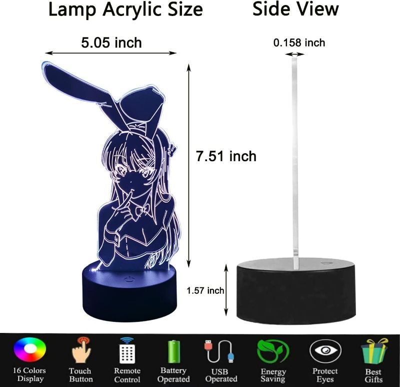 Photo 4 of Bunny Girl Senpai Anime Lamp 16 Colors Remote Control Conversion Anime Light Mai Sakurajima 3D Illusion Lamp for Kids Birthday Gifts Bedroom Decoration