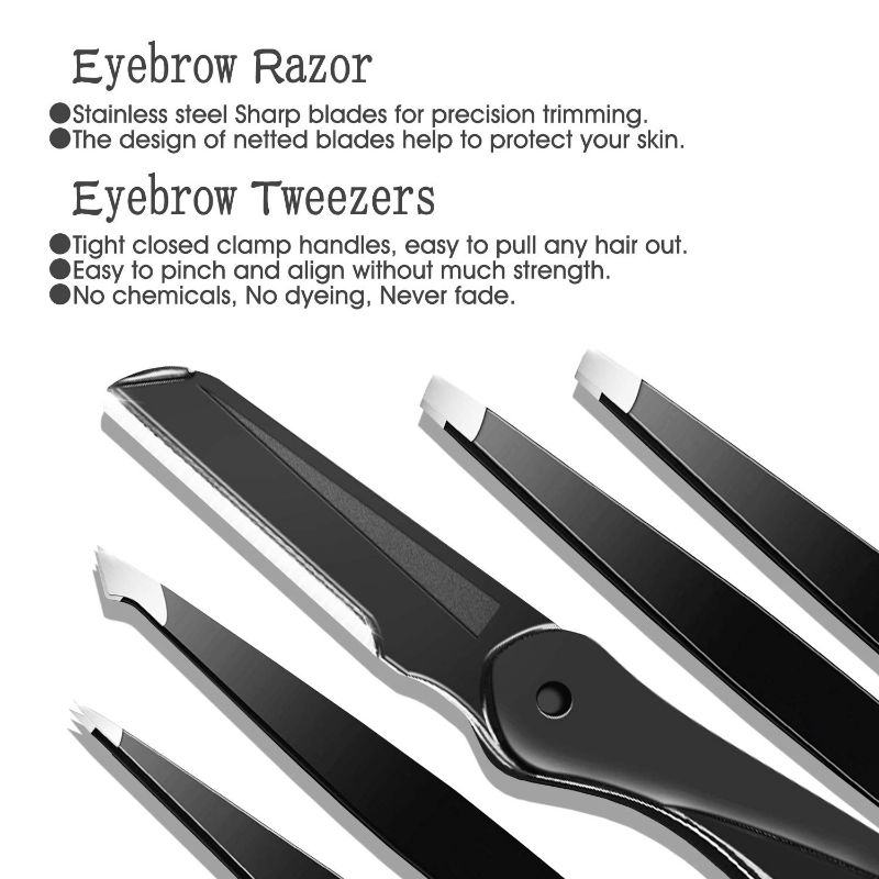 Photo 2 of Eyebrow Tweezers Set, HOCOSY 7 in 1 Eyebrow Kit includes Eyebrow Scissors, Brush, Eyebrow Razor, Stainless Steel, Best Precision Eyebrow Shaper Trimmer for Ingrown Hair with Leather Travel Case