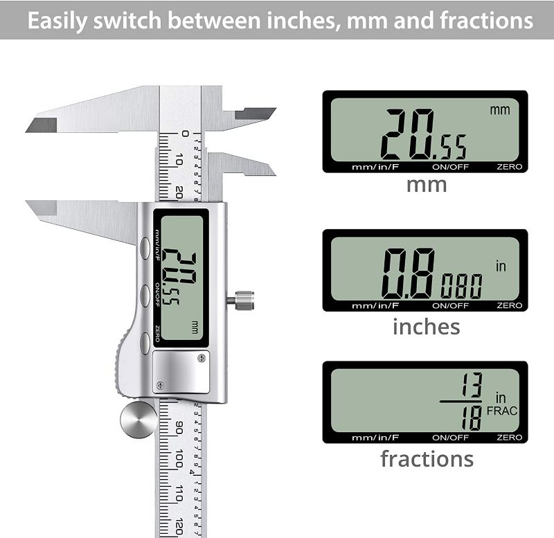 Photo 3 of Proster Digital Vernier Caliper 6inch/150mm + 32 Feeler Gauges Dial Calipers Electronic Caliper Fractions/Inch/Metric Calipers Measuring Tool for Length Width Depth Inner/Outer Diameter