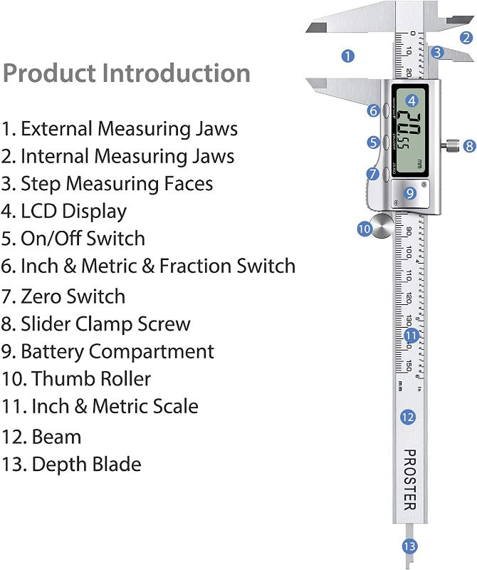 Photo 2 of Proster Digital Vernier Caliper 6inch/150mm + 32 Feeler Gauges Dial Calipers Electronic Caliper Fractions/Inch/Metric Calipers Measuring Tool for Length Width Depth Inner/Outer Diameter