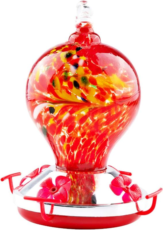 Photo 1 of WOSIBO Hummingbird Feeder for Outdoors Patio 16 Ounces Colorful Hand Blown Glass Hummingbird Feeder with Hanging Hook, Rope, Brush and Service Card (RED)