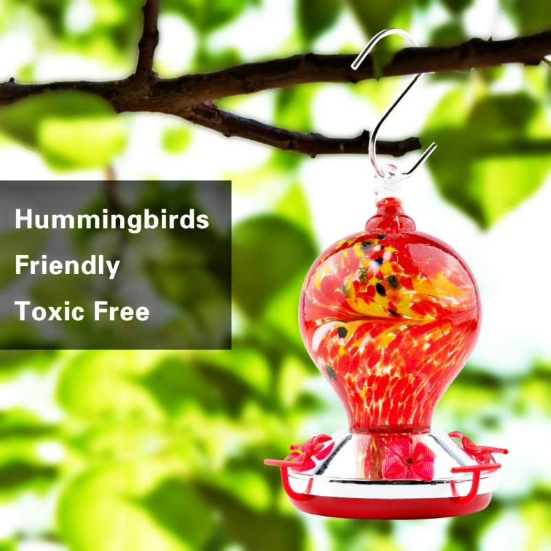 Photo 3 of WOSIBO Hummingbird Feeder for Outdoors Patio 16 Ounces Colorful Hand Blown Glass Hummingbird Feeder with Hanging Hook, Rope, Brush and Service Card (RED)