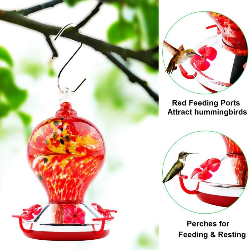 Photo 2 of WOSIBO Hummingbird Feeder for Outdoors Patio 16 Ounces Colorful Hand Blown Glass Hummingbird Feeder with Hanging Hook, Rope, Brush and Service Card (RED)