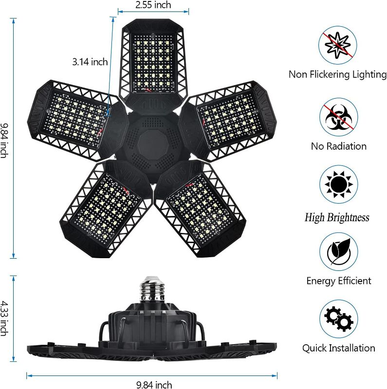 Photo 1 of DONHUCHEP LED Garage Lights, 120W Deformable LED Garage Ceiling Lights with 5 Adjustable Panels,12000LM LED Shop Lights for Garage Workshop Basement Support E26/E27 Screw Socket