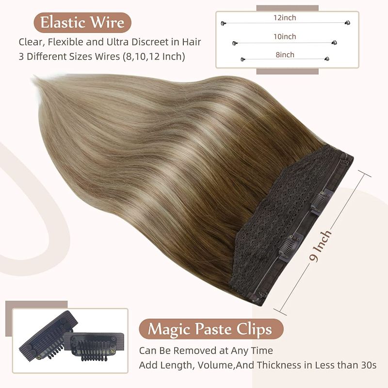 Photo 1 of Fshine Invisible Wire Hair Extensions Human Hair Clip in Secret Wire Invisible Fish Line Hair Extensions for Women Dark Brown to Ash Brown and Blonde 80Gram 18 Inch