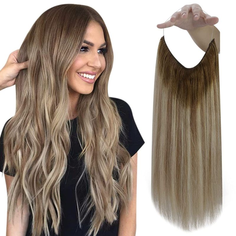 Photo 2 of Fshine Invisible Wire Hair Extensions Human Hair Clip in Secret Wire Invisible Fish Line Hair Extensions for Women Dark Brown to Ash Brown and Blonde 80Gram 18 Inch