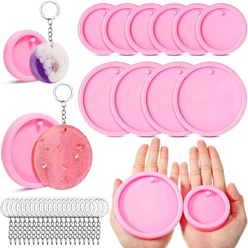 Photo 1 of 10 Pieces Round Keychain Mold Silicone Resin Molds Circle Keychain Pendant with Hole with 20 Pieces Key Rings Jewelry Making Epoxy Casting Fondant Baking for DIY Crafts (Pink, 2 Sizes)