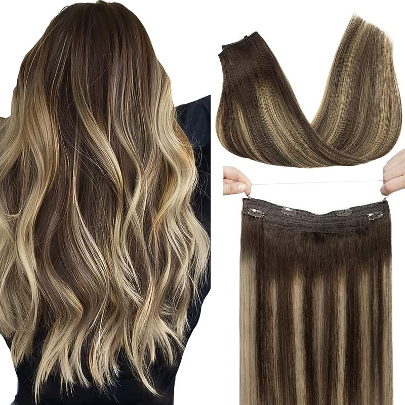 Photo 3 of Human Hair Extensions Wire Hair Ombre Chocolate Brown to Honey Blonde 70g 12 Inch Hairpiece Remy Wire Hair Extensions Straight Invisible Hair Extensions with Transparent Line