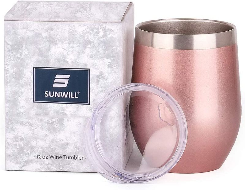 Photo 3 of SUNWILL Insulated Wine Tumbler with Lid Rose Gold, Double Wall Stainless Steel Stemless Insulated Wine Glass 12oz, Durable Insulated Coffee Mug, for Champaign, Cocktail, Beer, Office