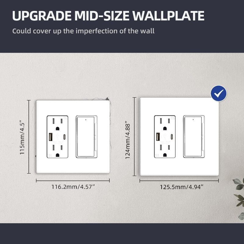 Photo 3 of ELEGRP 2-Gang Screwless Decorative Wall Plates, Mid-Size Unbreakable Thermoplastic Faceplate Cover for Decorator Receptacle Outlet Switch, UL Listed (10 Pack, Matte White) wall plate