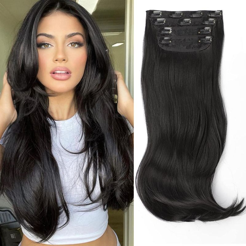 Photo 1 of  Clip in Hair Extensions,Black Hair Extensions for Women Straight Layered Hair Extensions Synthetic Heat Resistant Long Wavy Daily Use 20 Inch