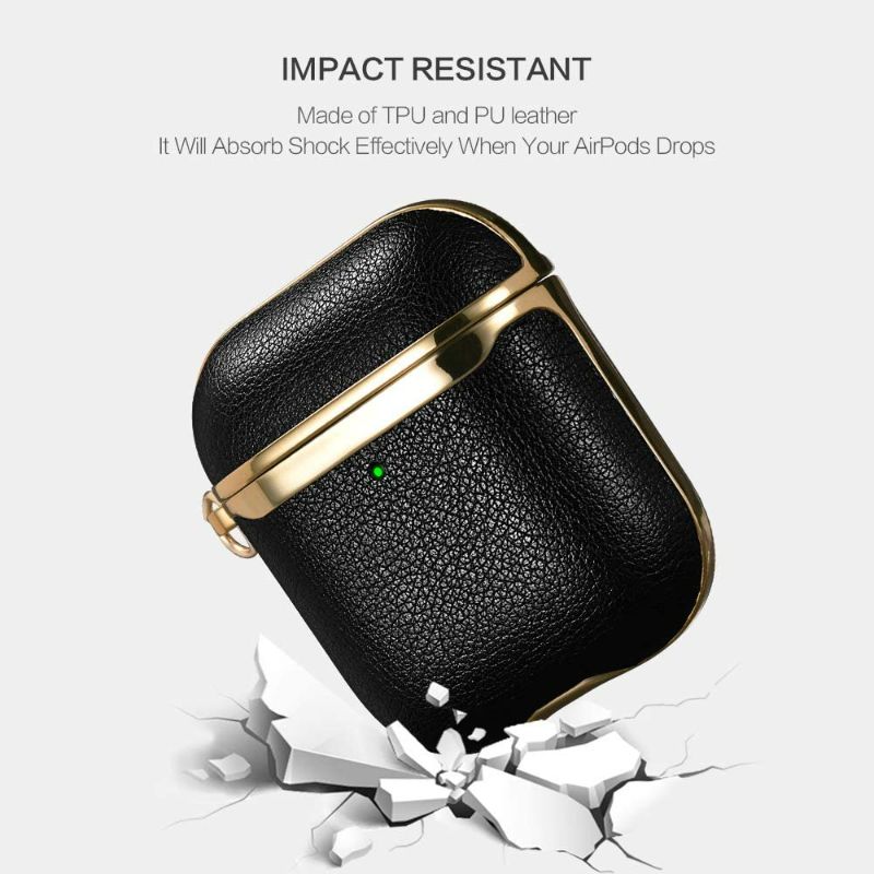 Photo 2 of AirPods Leather Case, ICARERSPACE Black Leather Cover Case with Carabiner for Apple AirPods 1 & 2 Charging Case