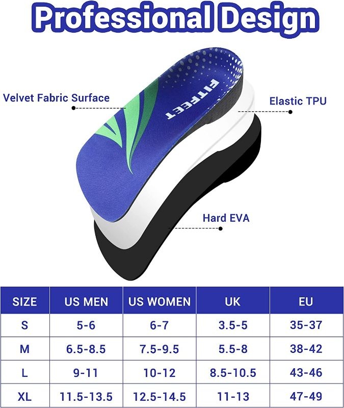 Photo 1 of Plantar Fasciitis Insoles, 3/4 Length Arch Support Insoles for Women and Men, Shoe Inserts for Flat Feet, Over-Pronation, Heel Pain Relief, Orthotic Insoles with High Arch for Running, Work Boots, M