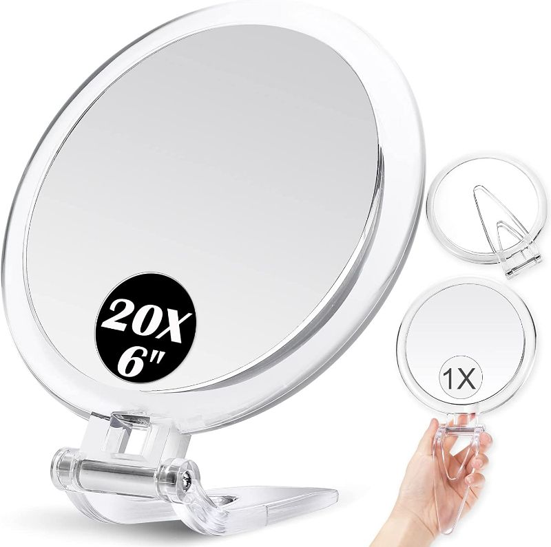 Photo 2 of MIYADIVA Handheld Mirror 20x Magnifying Mirror with Folding Handle, Portable Hand Mirror with Magnification for Makeup/Travel, Double Sided, Round, 6"