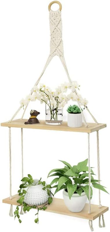 Photo 1 of Afuly Macrame Hanging Shelves Wall Floating Shelf Natural Wood Chic Boho Decor 2 Tiers Pine Wood Cotton Rope Beige for Bedroom Bathroom Living Room Decor Ready to Hang, Beige