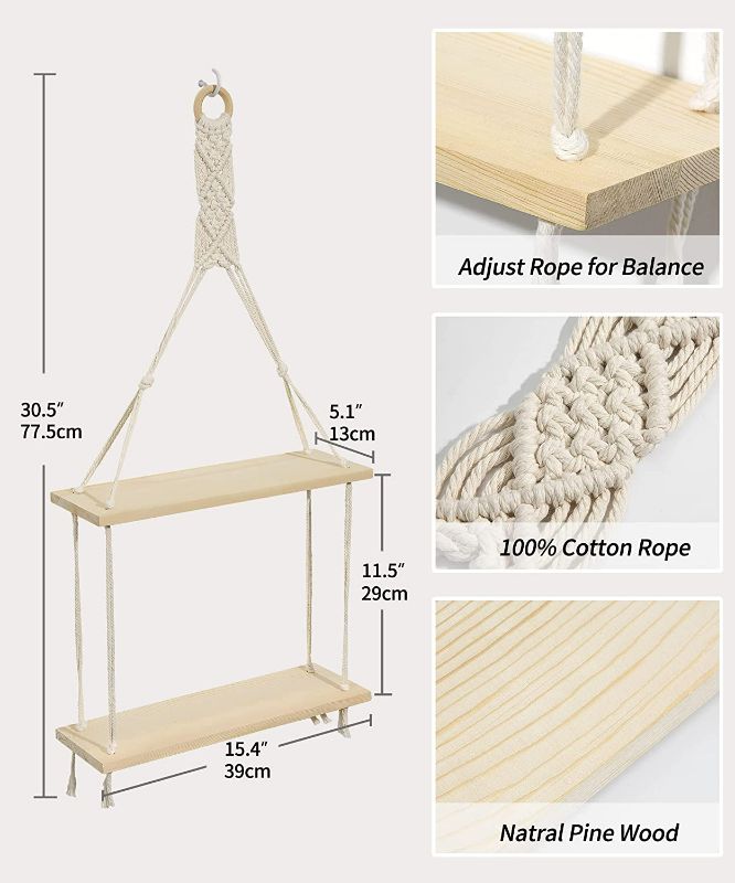 Photo 3 of Afuly Macrame Hanging Shelves Wall Floating Shelf Natural Wood Chic Boho Decor 2 Tiers Pine Wood Cotton Rope Beige for Bedroom Bathroom Living Room Decor Ready to Hang, Beige