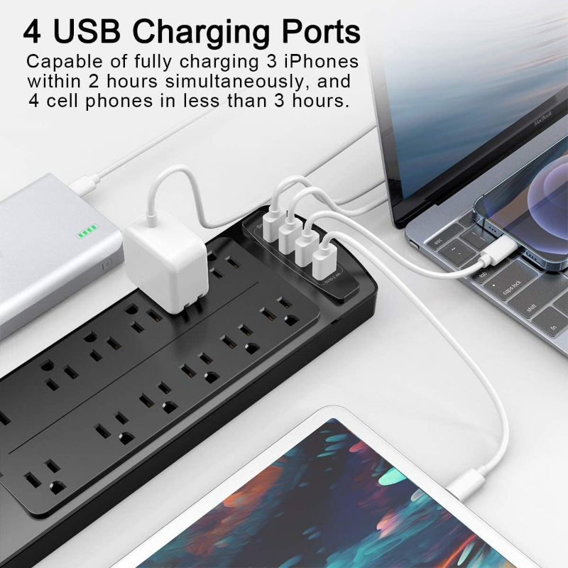 Photo 3 of Power Strip, ALESTOR Surge Protector with 12 Outlets and 4 USB Ports, 6 Feet Extension Cord (1875W/15A), 2700 Joules, ETL Listed, Black…