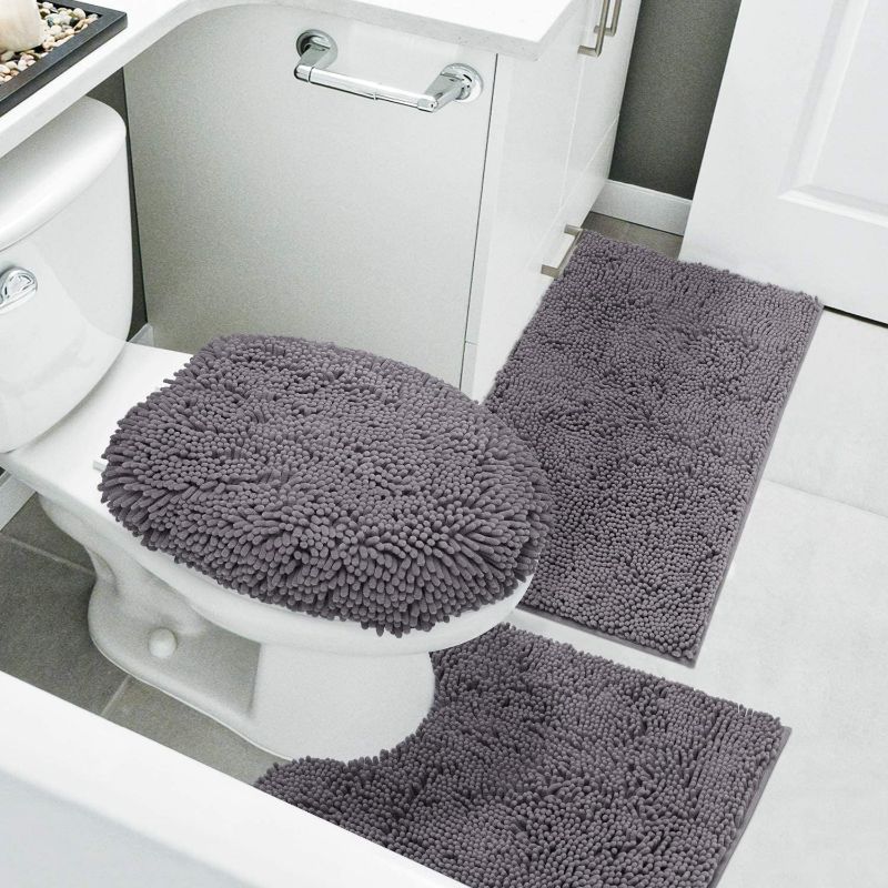 Photo 2 of HOMEIDEAS 3 Pieces Grey Bathroom Rugs Set, Ultra Soft Non Slip Bath Rug and Absorbent Chenille Bath Mat, Includes U-Shaped Contour Rug, Bath Mat and Toilet Lid Cover, Perfect for Bathroom, Tub